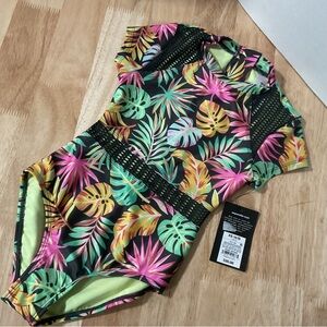Art Class Girl's 1 Pc 4/6 XS Short Sleeve Rash Guard Swimsuit Tropical Cut Outs